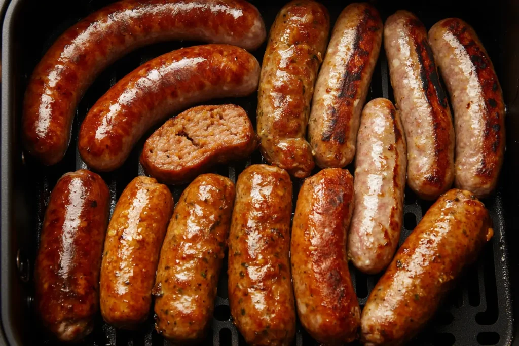 How long do you cook sausages for in an air fryer? Air fryer basket with assorted sausages.