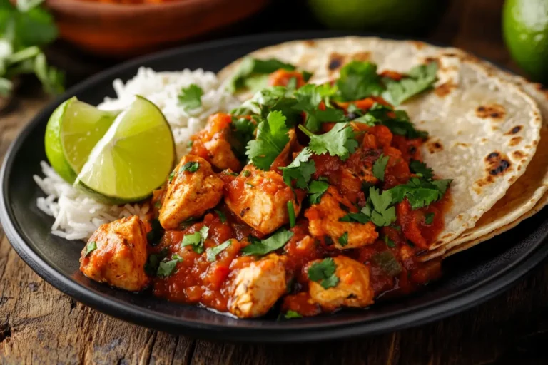 Pollo Ranchero served with rice and tortillas