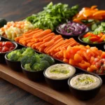 Colorful veggie tray with fresh vegetables and dips