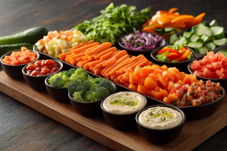 Colorful veggie tray with fresh vegetables and dips