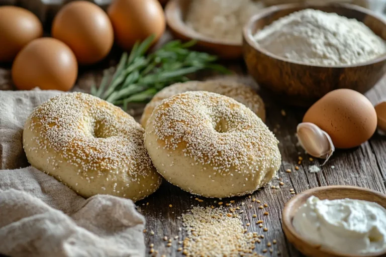 Freshly baked gluten free bagels with seeds on a rustic table.