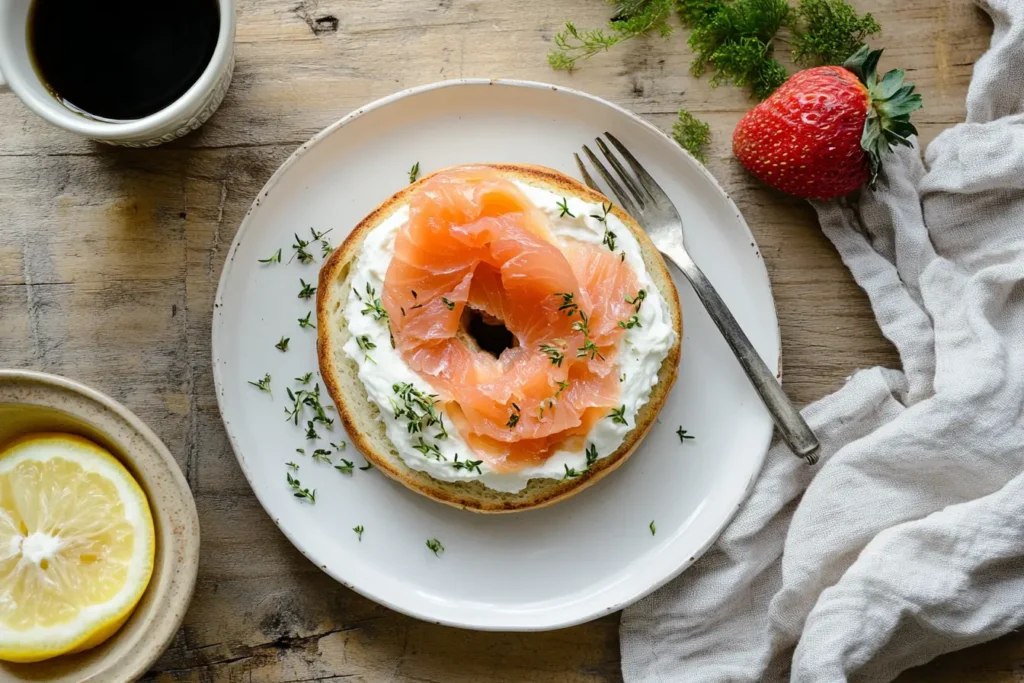 Gluten Free Bagels with cream cheese and smoked salmon.
