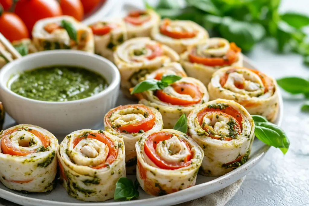 Chicken pesto wrap pinwheels served with pesto dip