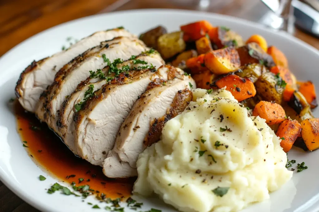 Sliced smoked turkey breast with sides	
