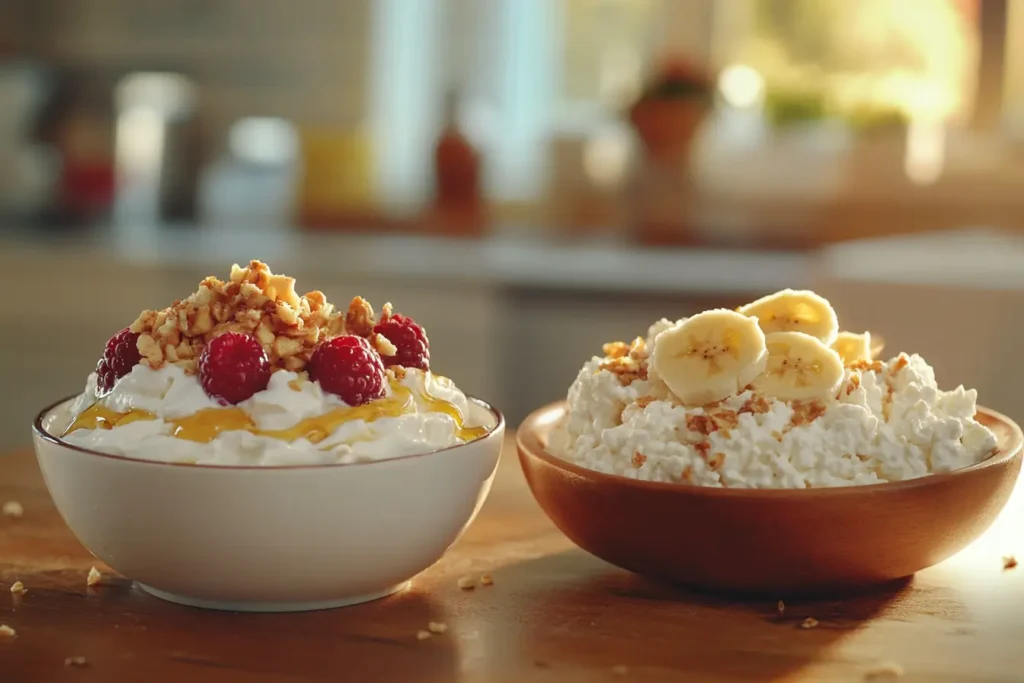 A breakfast spread featuring Greek yogurt parfait and cottage cheese with fruits. Greek Yogurt or Cottage Cheese